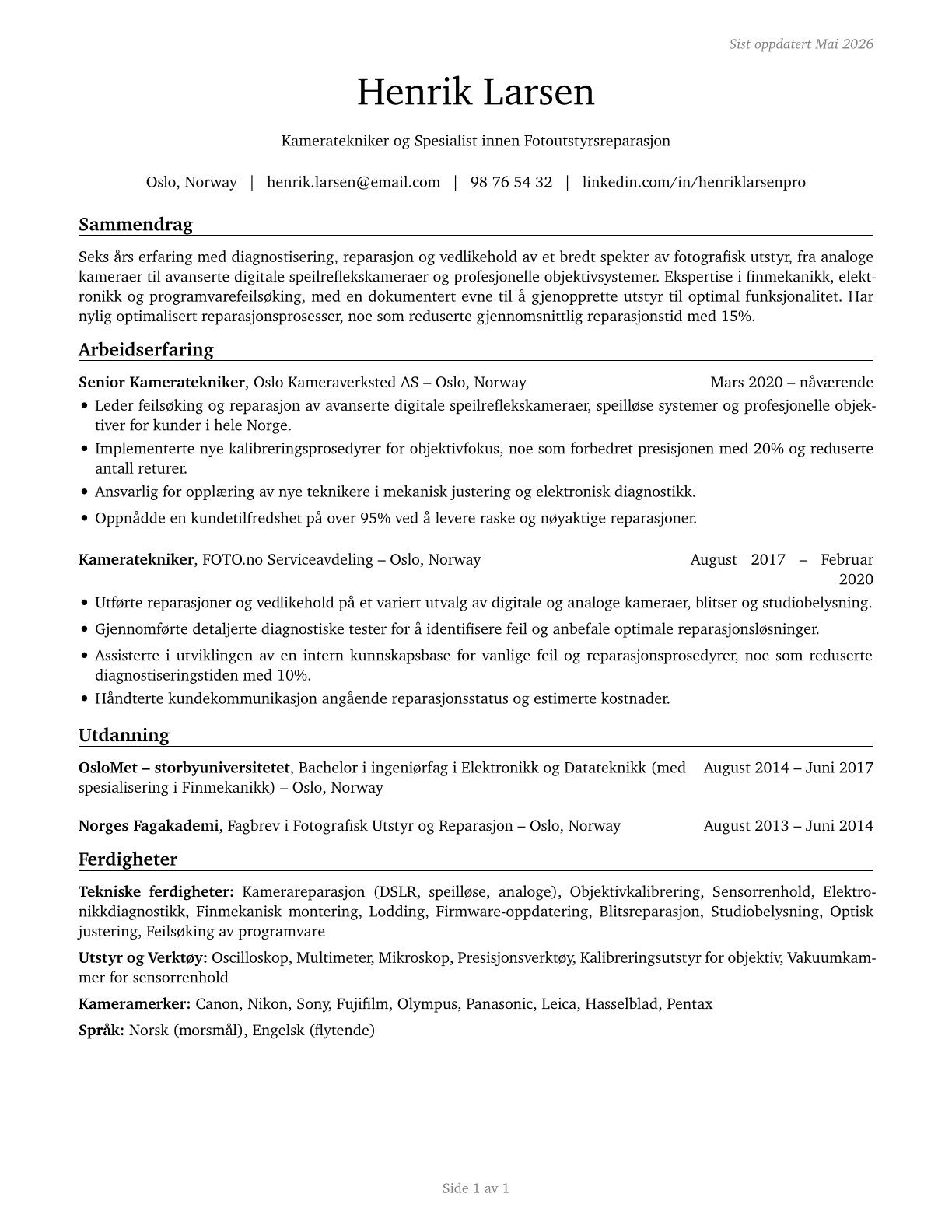 Camera and Photographic Equipment Repairers CV in Norwegian_bokmal — page 1