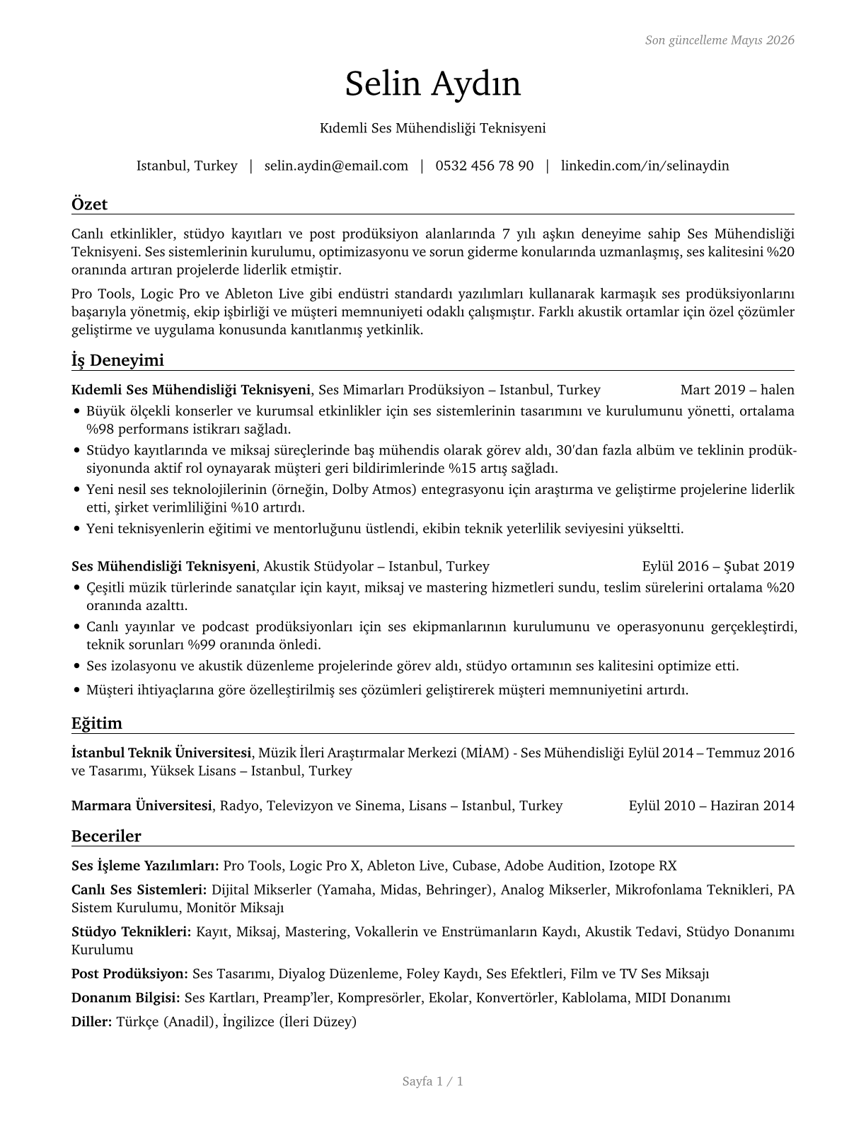 Sound Engineering Technicians CV in Turkish — page 1