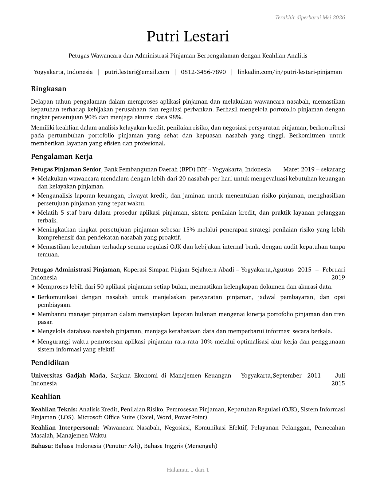 Loan Interviewers and Clerks CV in Indonesian — page 1