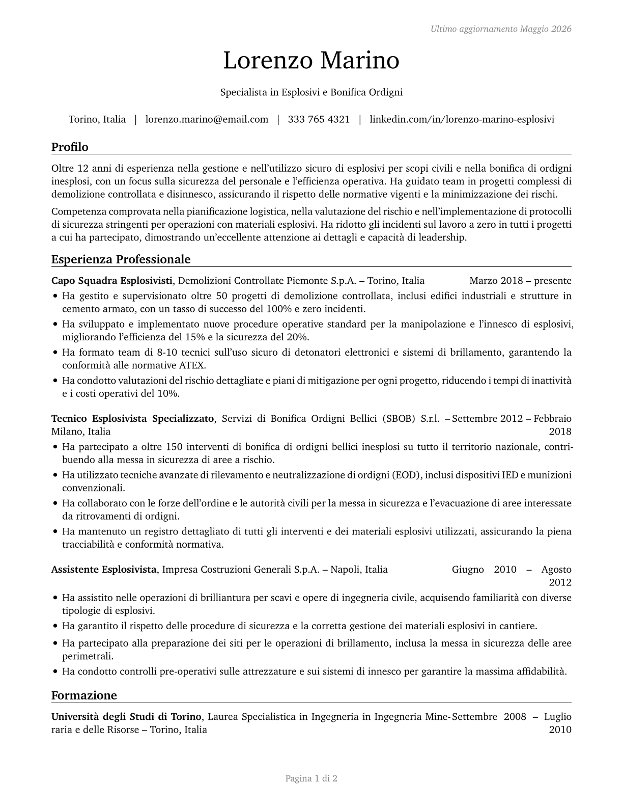 Explosives Workers, Ordnance Handling Experts, and Blasters CV in Italian — page 1
