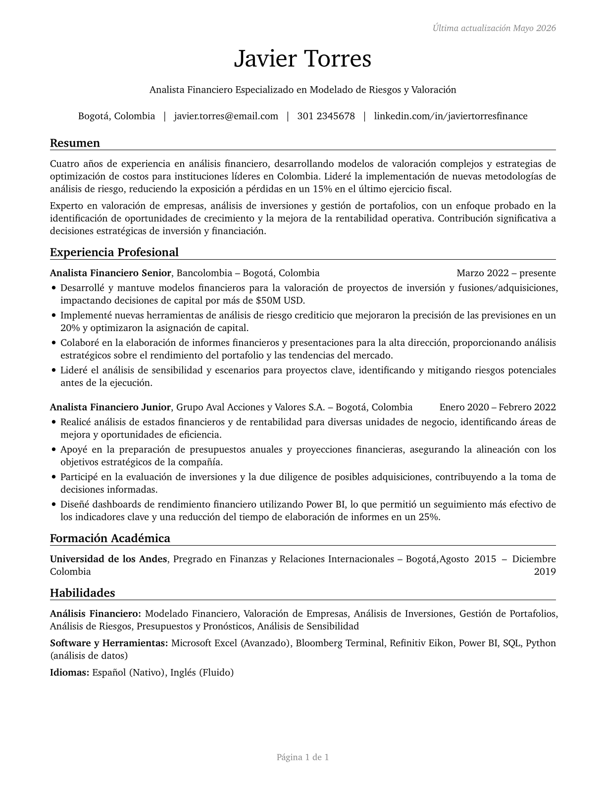 Financial Specialists, All Other CV in Spanish — page 1