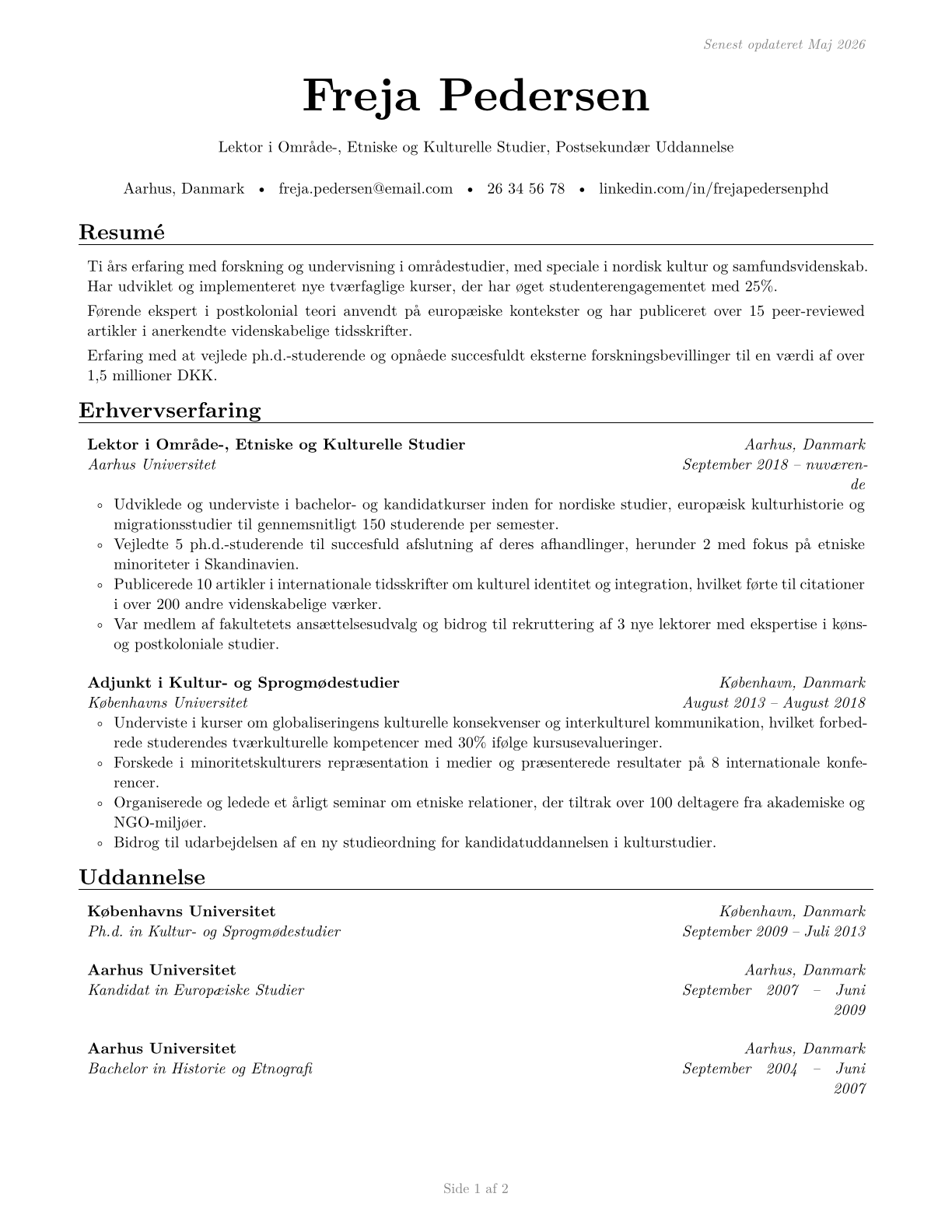 Area, Ethnic, and Cultural Studies Teachers, Postsecondary CV in Danish — page 1