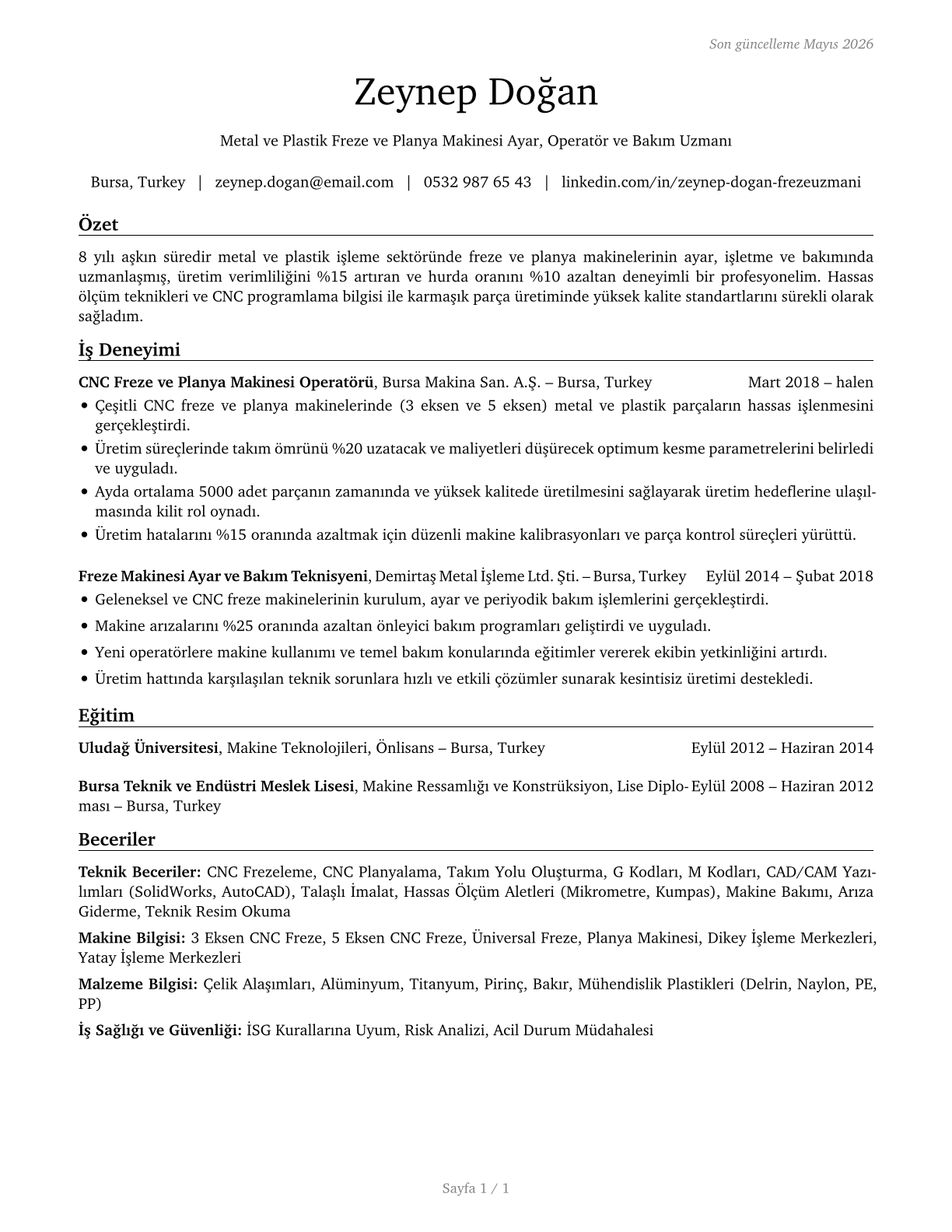 Milling and Planing Machine Setters, Operators, and Tenders, Metal and Plastic CV in Turkish — page 1