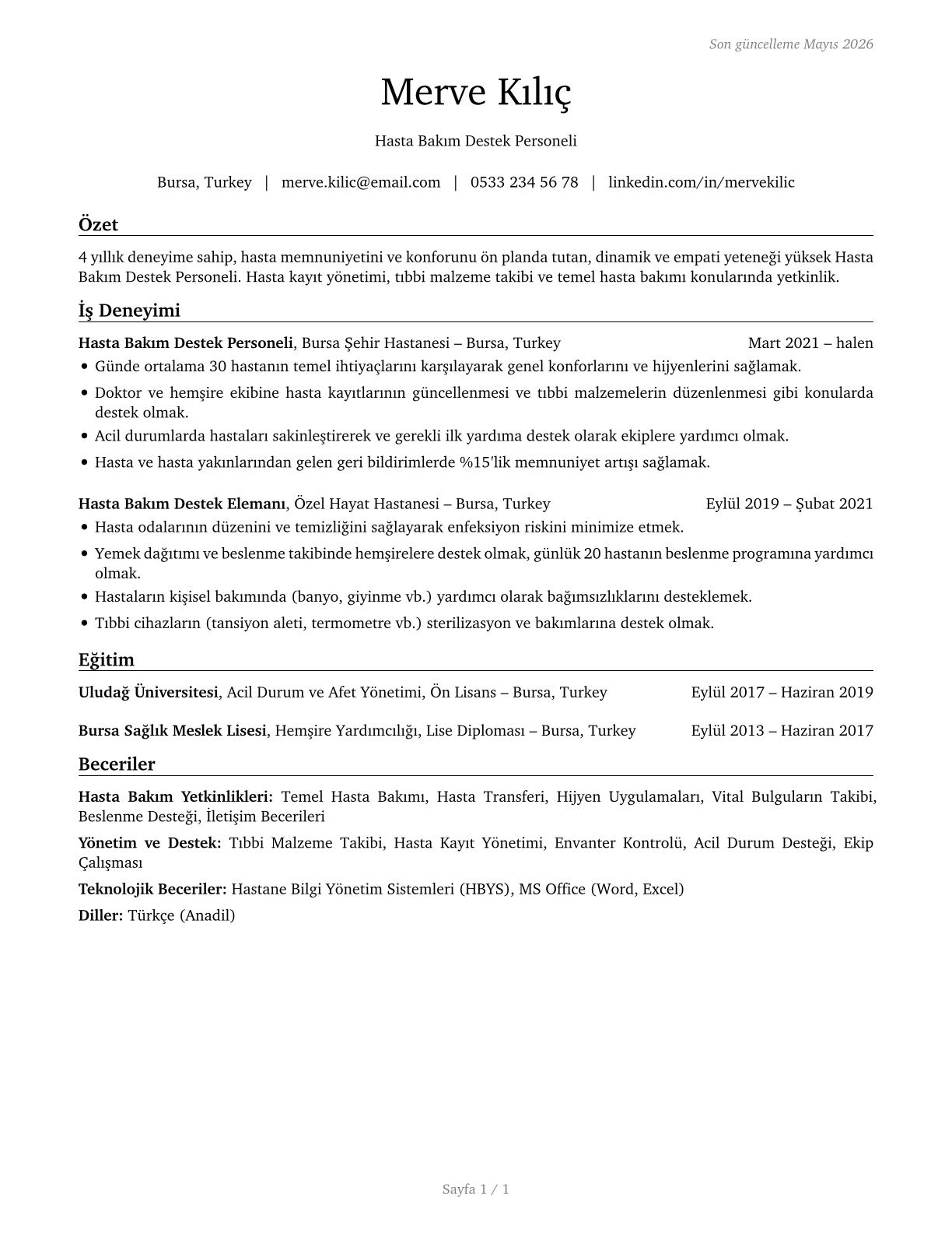 Healthcare Support Workers, All Other CV in Turkish — page 1