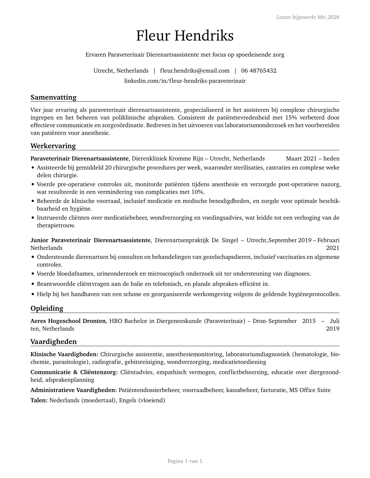 Veterinary Technologists and Technicians CV in Dutch — page 1