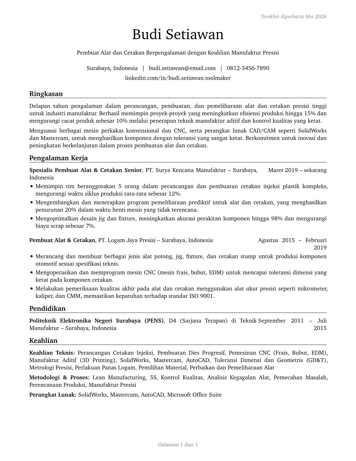 Tool and Die Makers CV in Indonesian — page 1