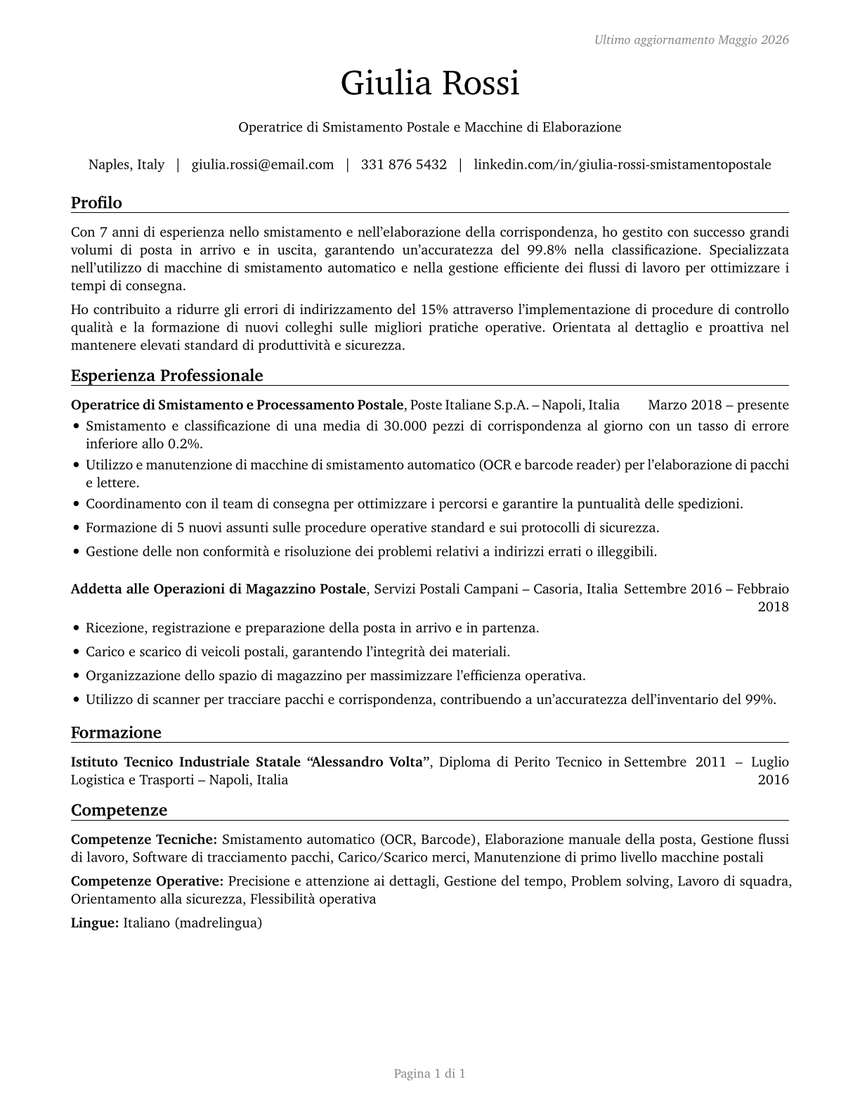 Postal Service Mail Sorters, Processors, and Processing Machine Operators CV in Italian — page 1