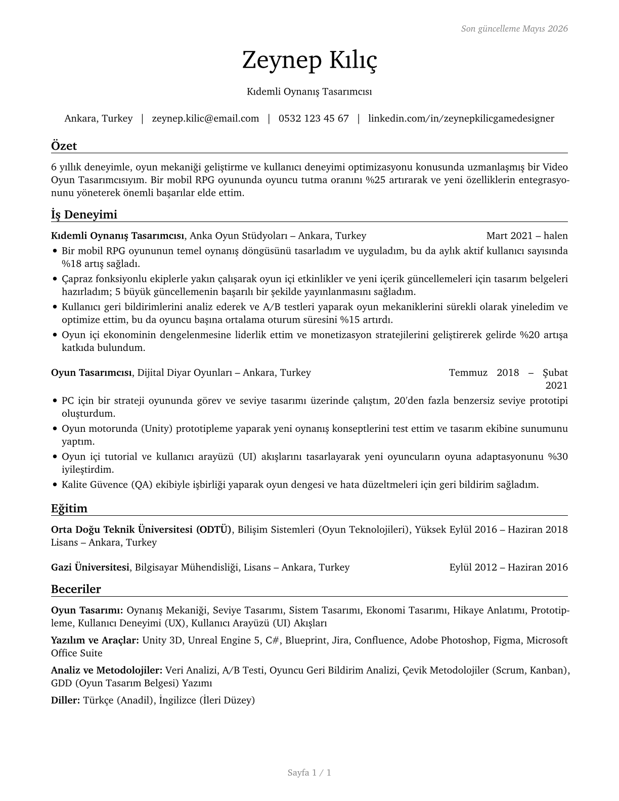 Video Game Designers CV in Turkish — page 1