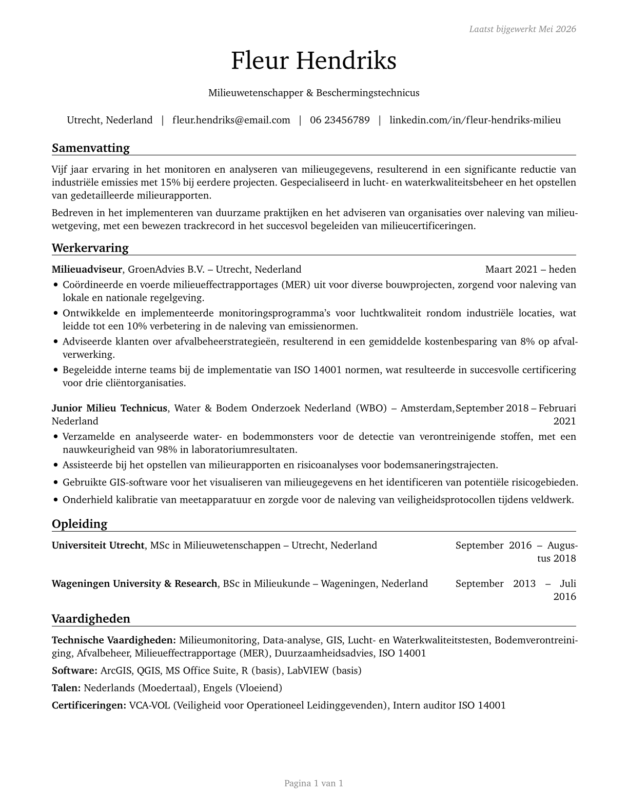 Environmental Science and Protection Technicians, Including Health CV in Dutch — page 1