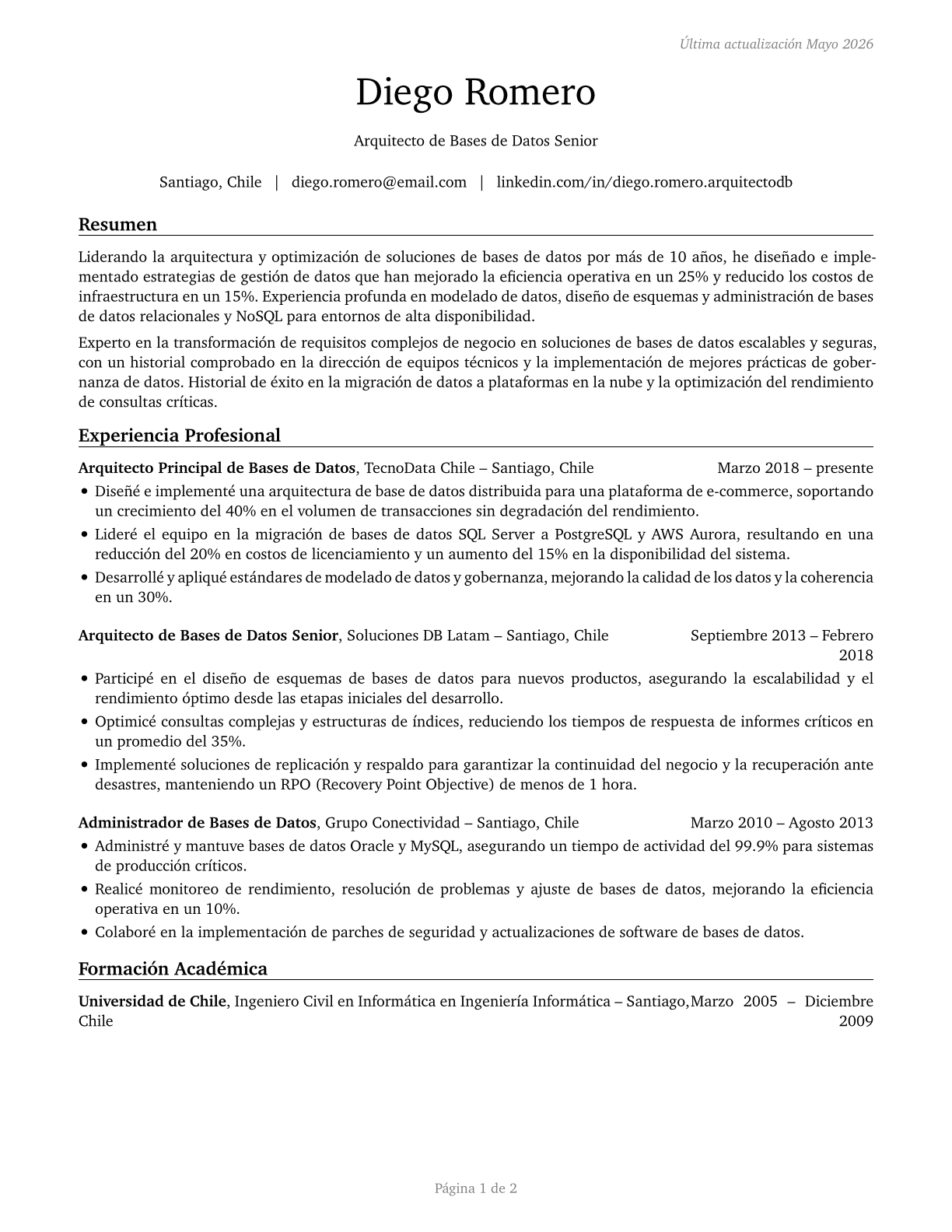 Database Architects CV in Spanish — page 1