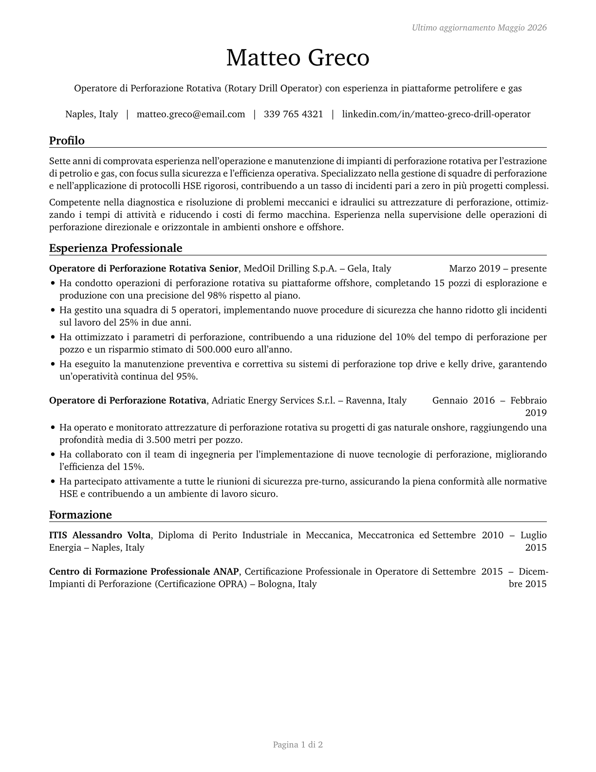 Rotary Drill Operators, Oil and Gas CV in Italian — page 1