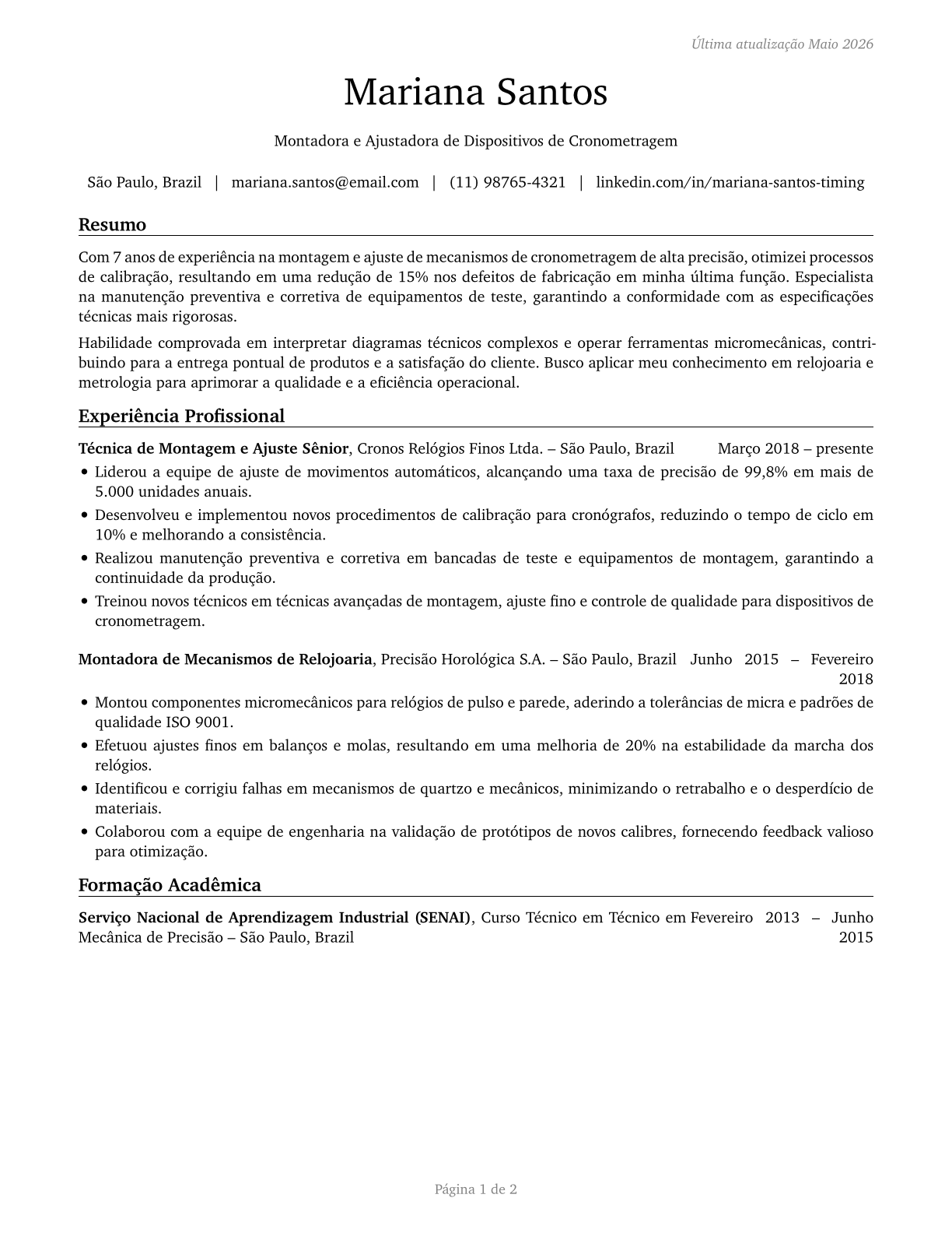 Timing Device Assemblers and Adjusters CV in Portuguese — page 1