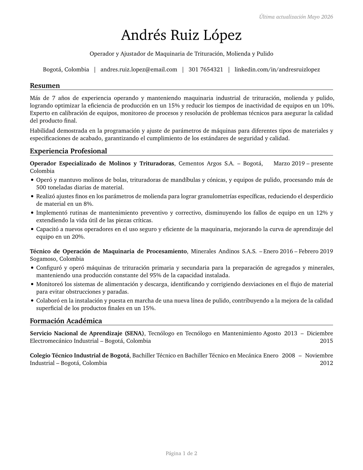 Crushing, Grinding, and Polishing Machine Setters, Operators, and Tenders CV in Spanish — page 1