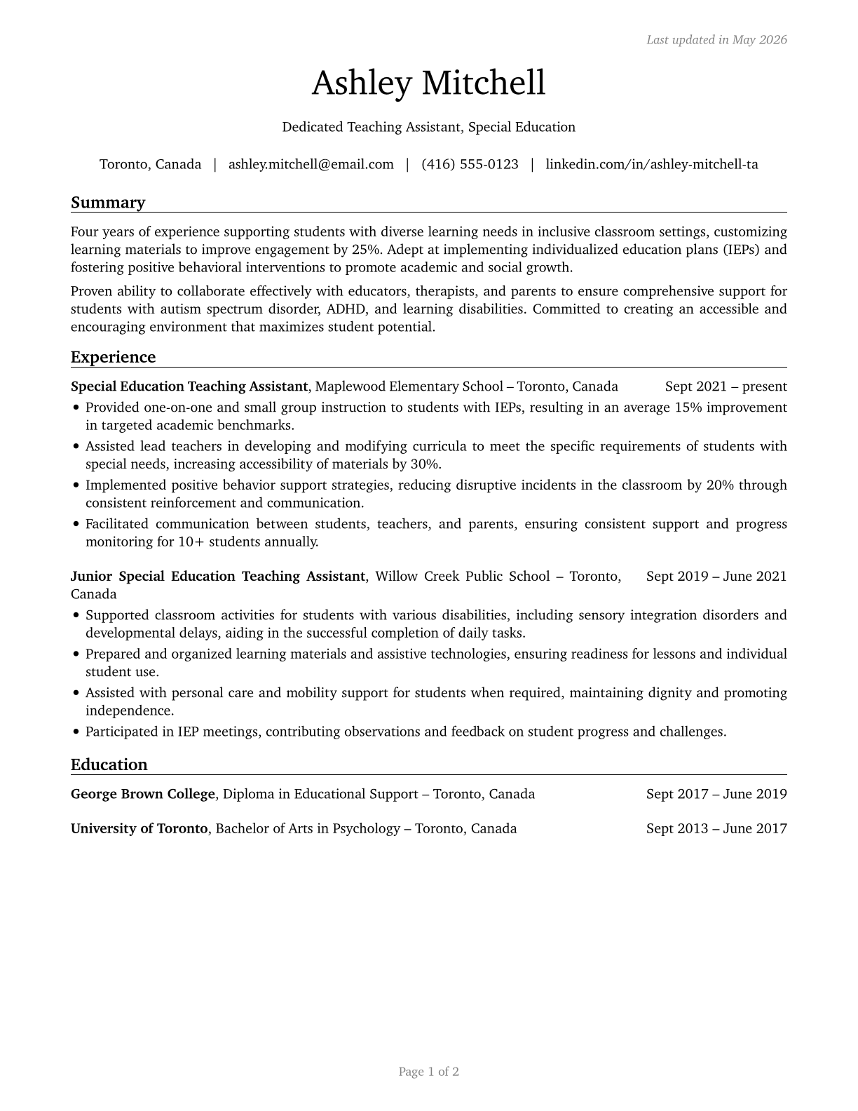 Teaching Assistants, Special Education CV in English — page 1