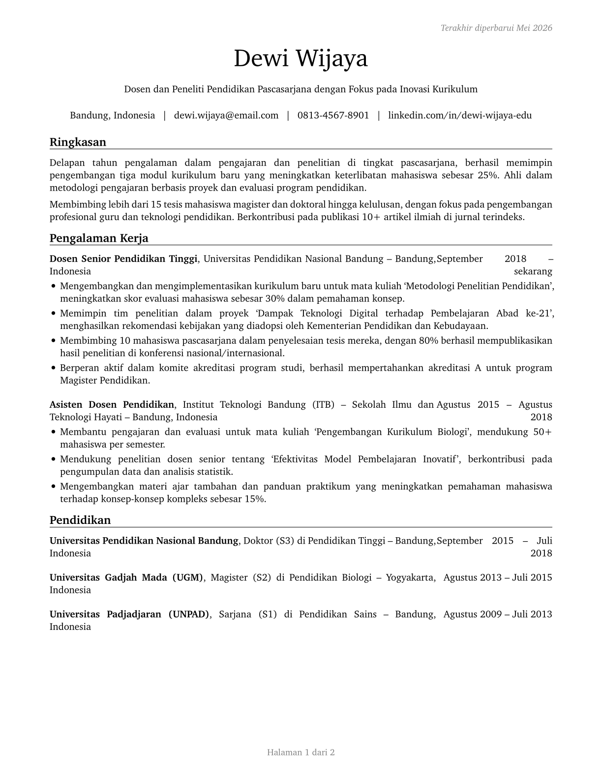 Education Teachers, Postsecondary CV in Indonesian — page 1