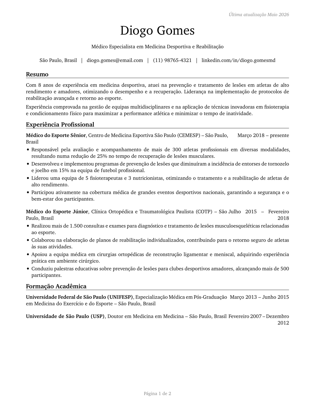 Sports Medicine Physicians CV in Portuguese — page 1