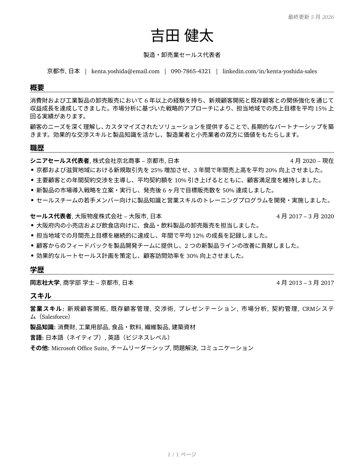 Sales Representatives, Wholesale and Manufacturing, Except Technical and Scientific Products CV in Japanese — page 1