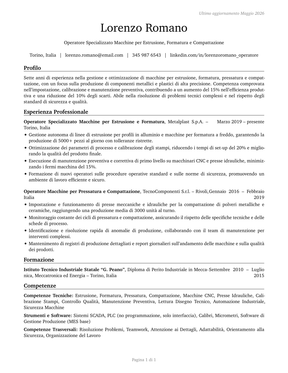 Extruding, Forming, Pressing, and Compacting Machine Setters, Operators, and Tenders CV in Italian — page 1