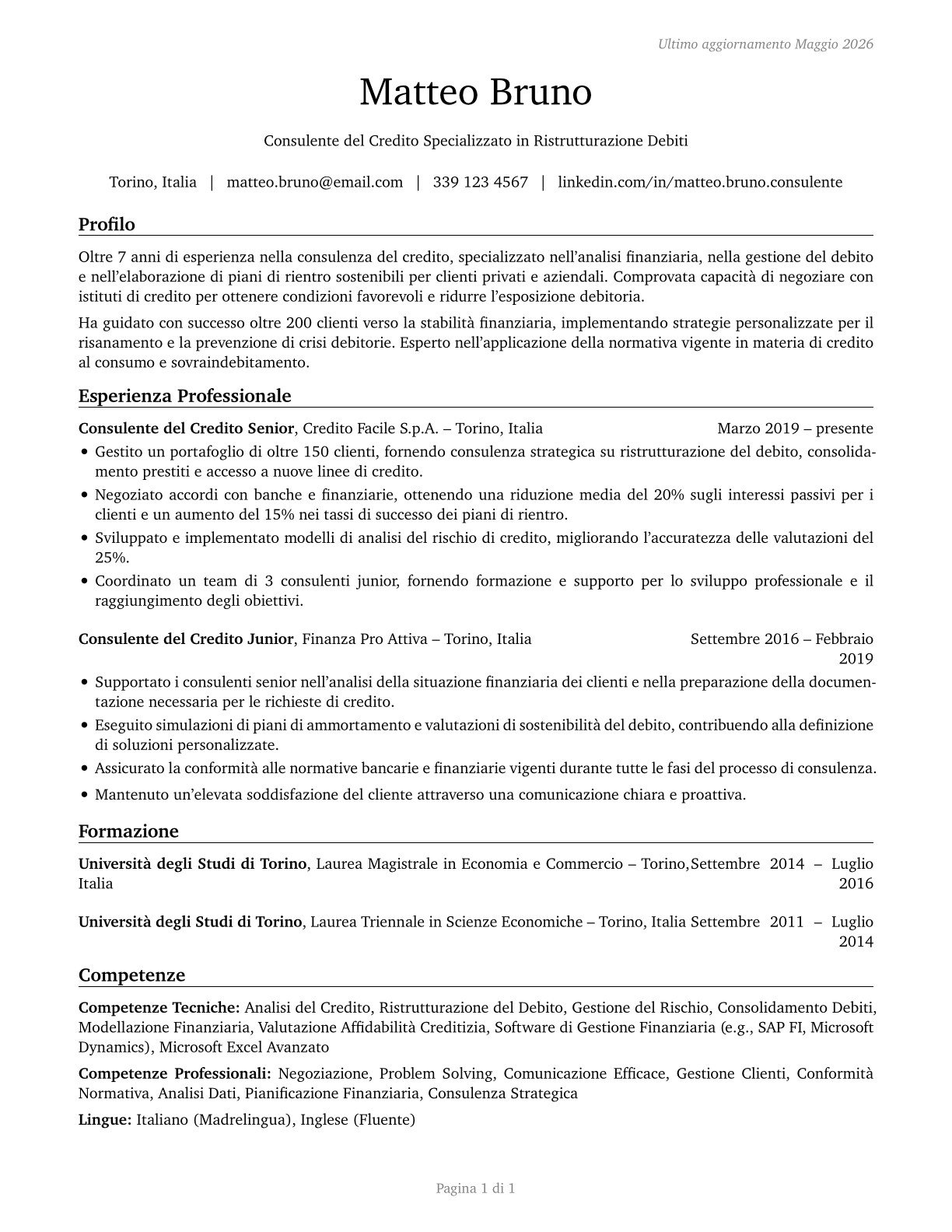 Credit Counselors CV in Italian — page 1