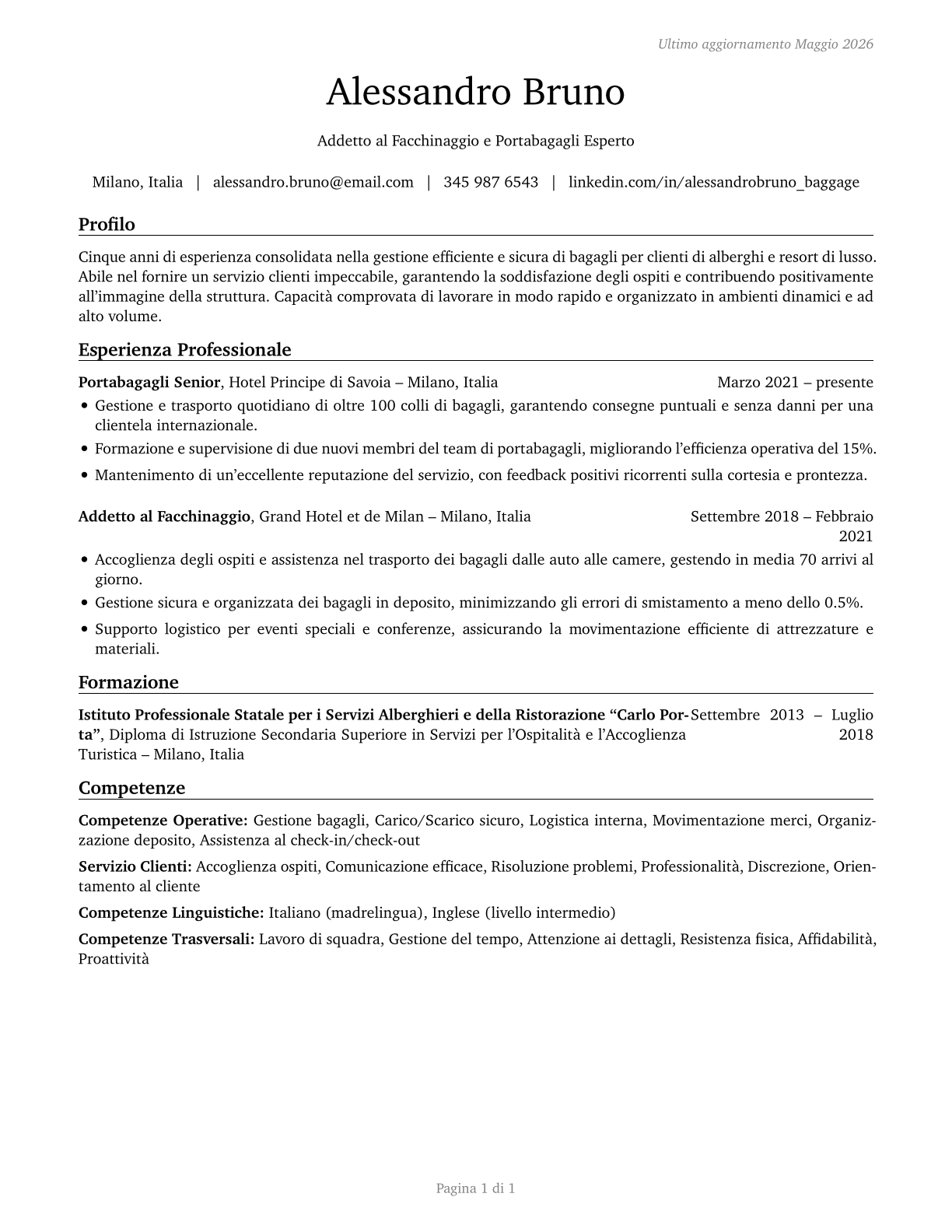 Baggage Porters and Bellhops CV in Italian — page 1