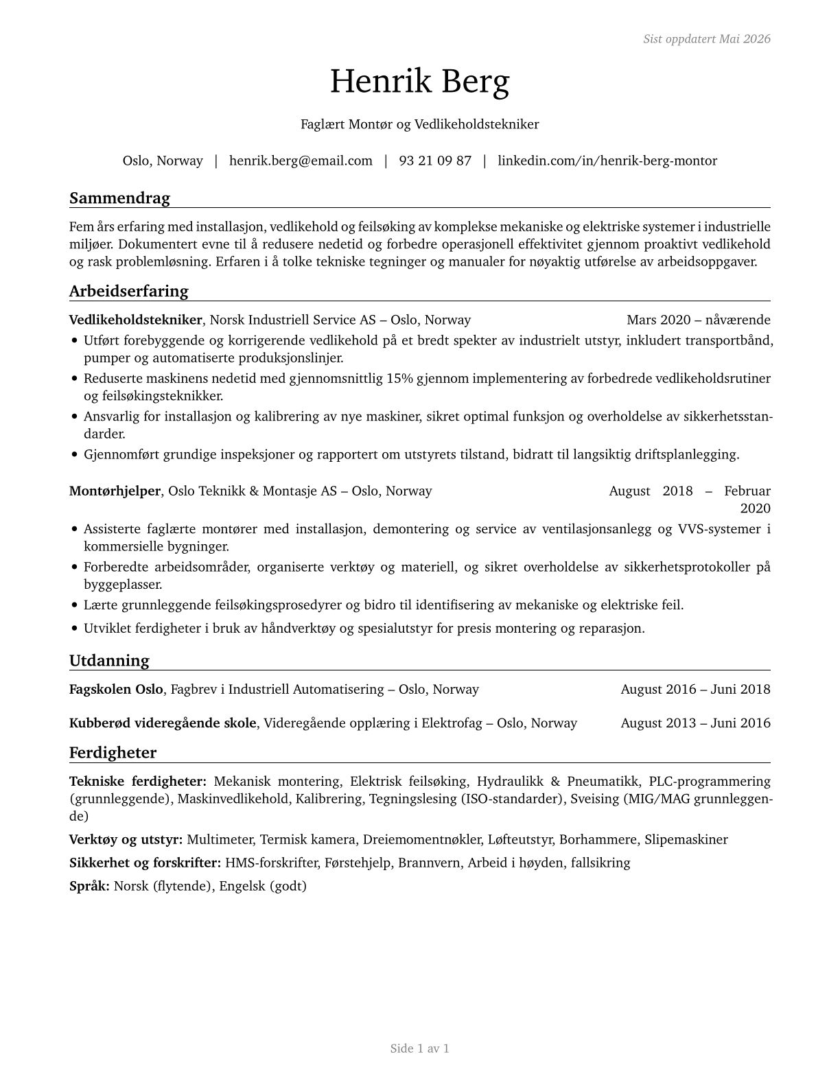 Helpers--Installation, Maintenance, and Repair Workers CV in Norwegian_bokmal — page 1