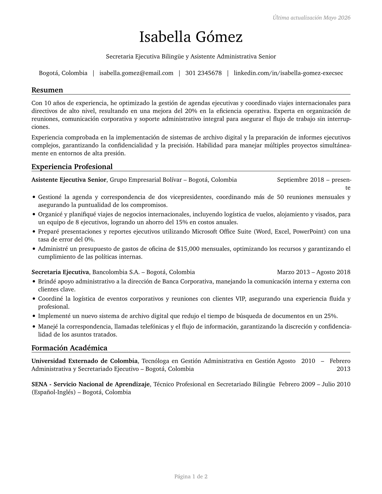 Executive Secretaries and Executive Administrative Assistants CV in Spanish — page 1