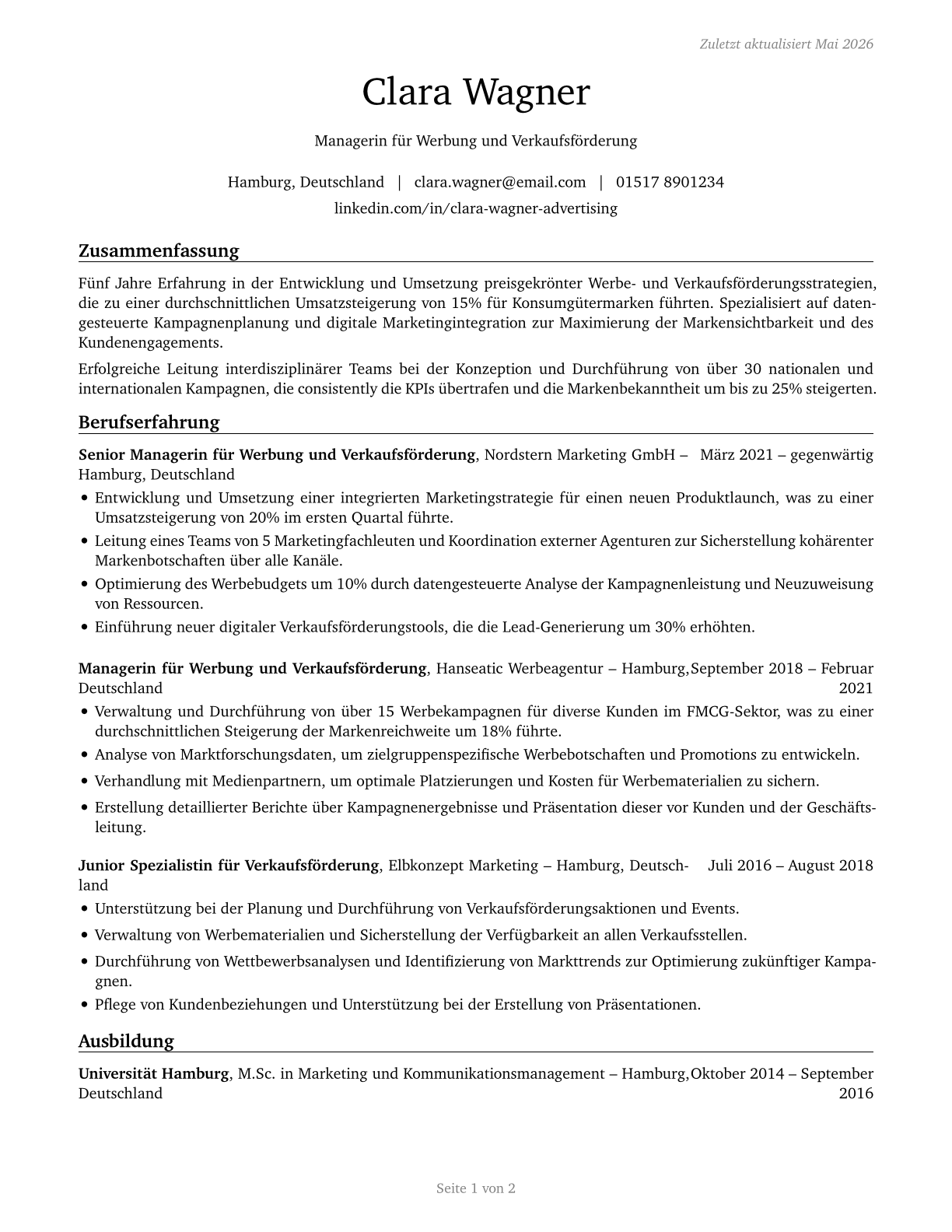 Advertising and Promotions Managers CV in German — page 1