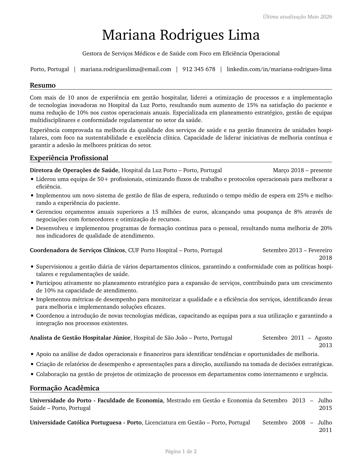 Medical and Health Services Managers CV in Portuguese — page 1