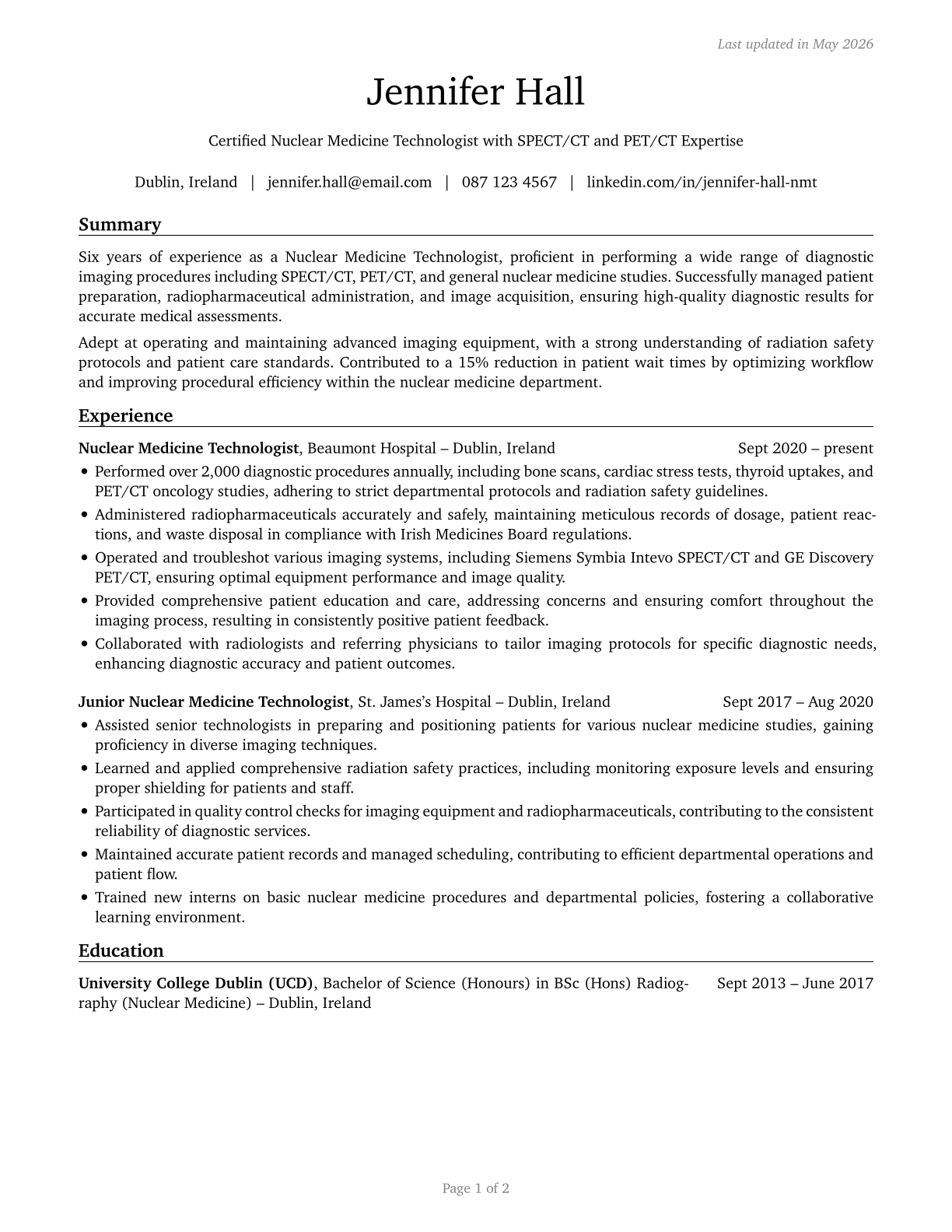 Nuclear Medicine Technologists CV in English — page 1