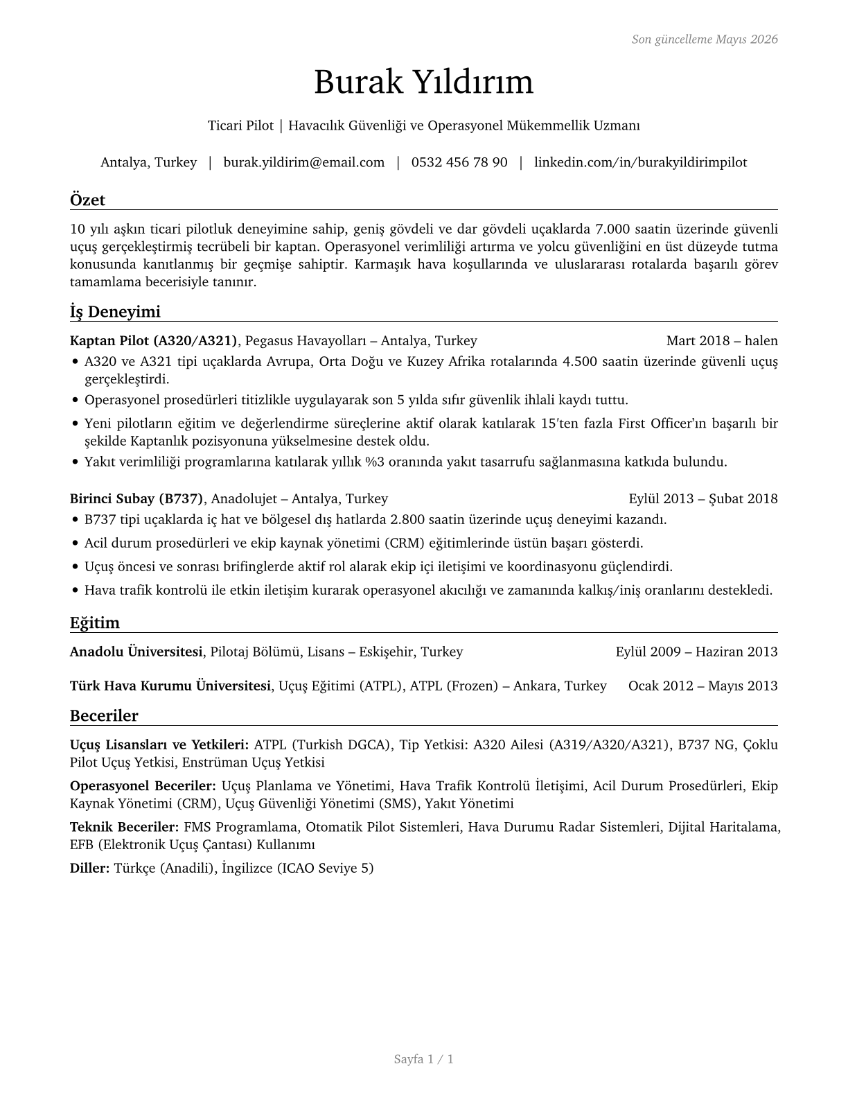 Commercial Pilots CV in Turkish — page 1