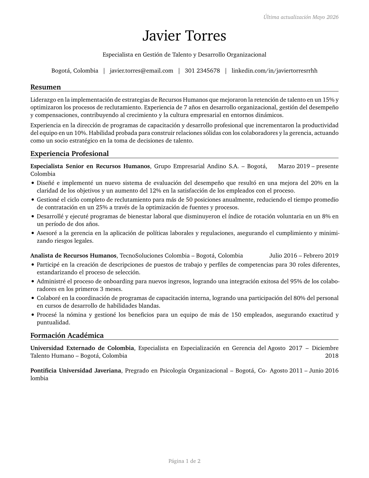 Human Resources Specialists CV in Spanish — page 1