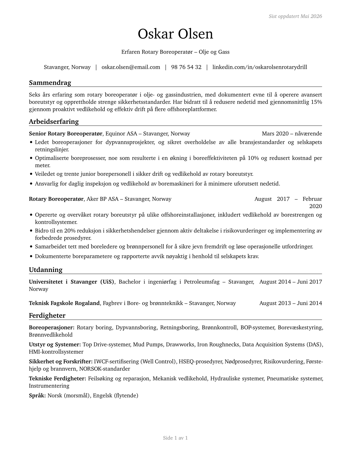 Rotary Drill Operators, Oil and Gas CV in Norwegian_bokmal — page 1