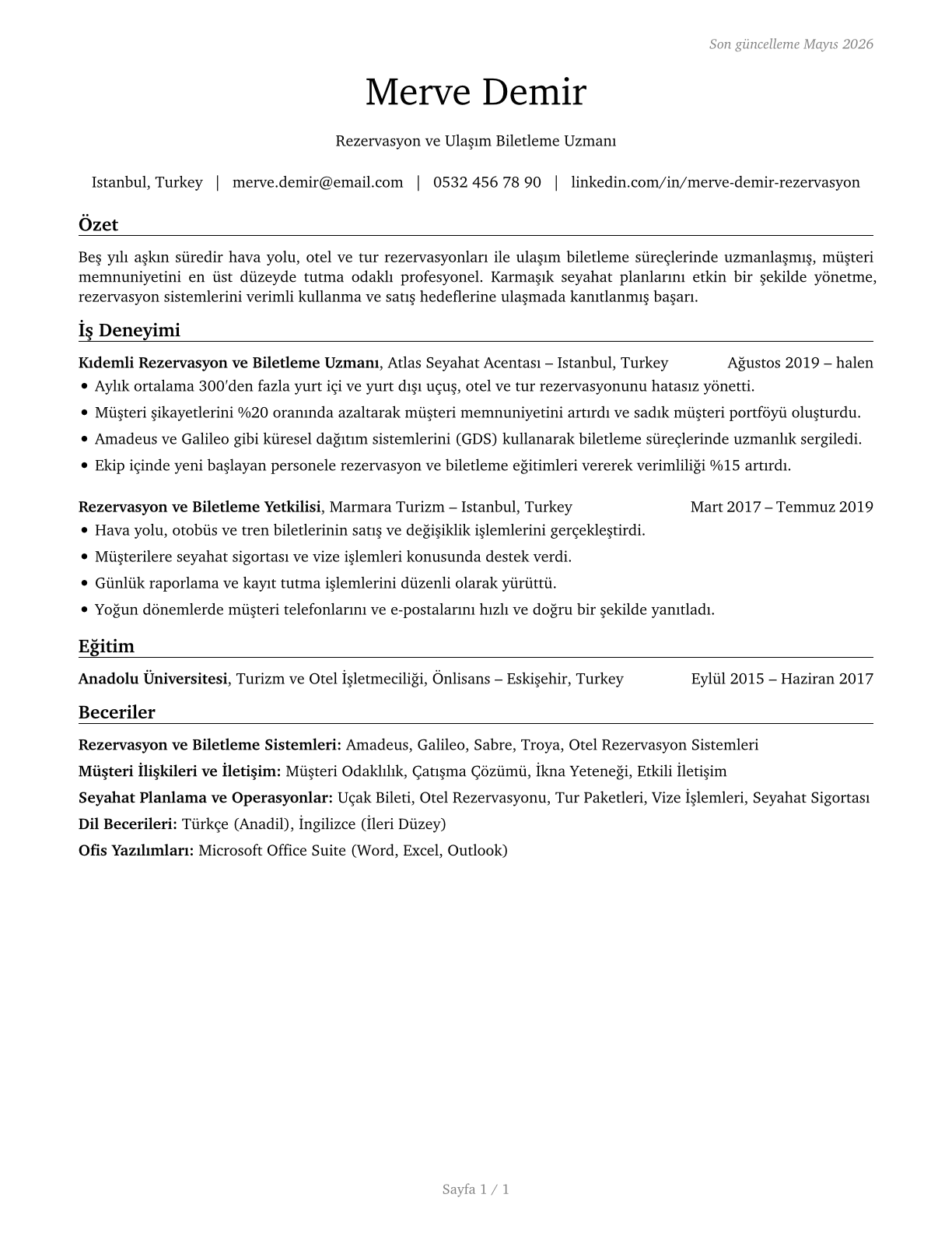 Reservation and Transportation Ticket Agents and Travel Clerks CV in Turkish — page 1