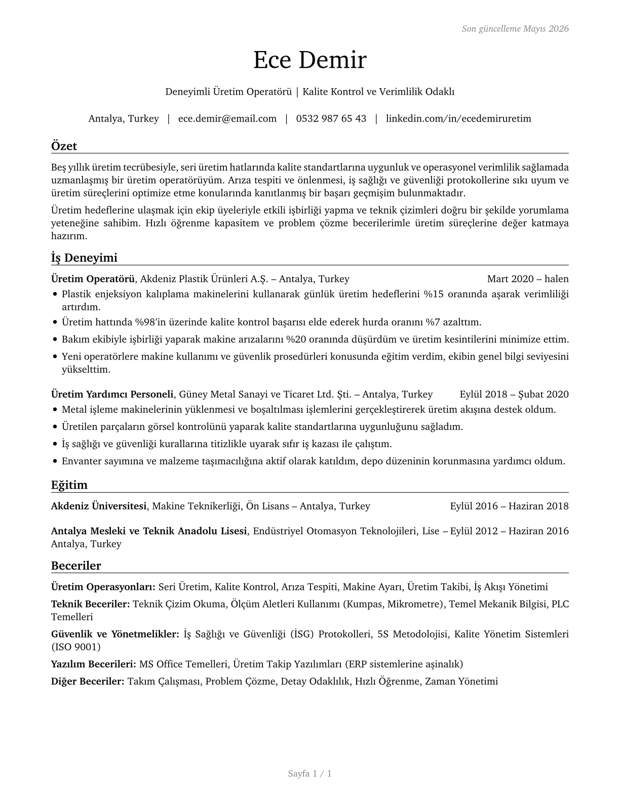 Production Workers, All Other CV in Turkish — page 1