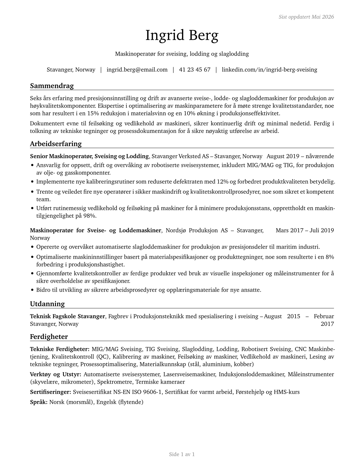 Welding, Soldering, and Brazing Machine Setters, Operators, and Tenders CV in Norwegian_bokmal — page 1