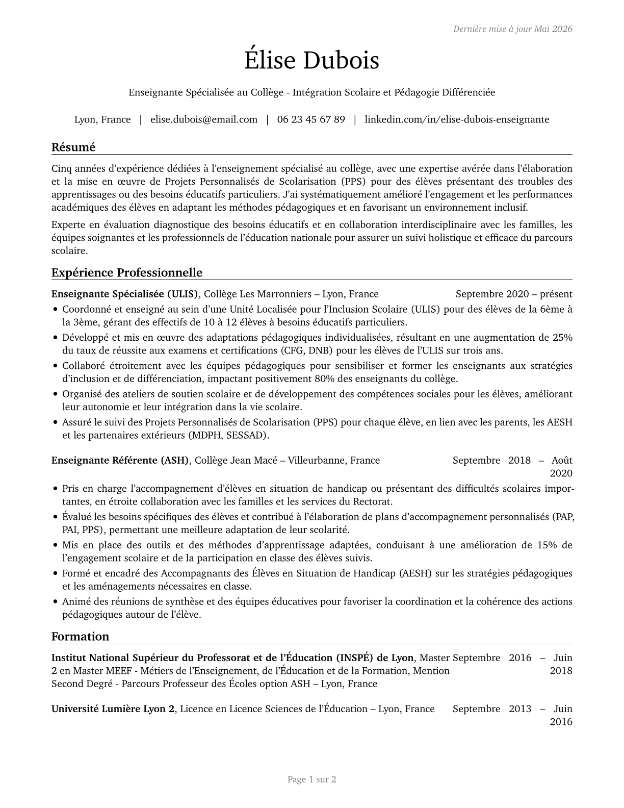 Special Education Teachers, Middle School CV in French — page 1