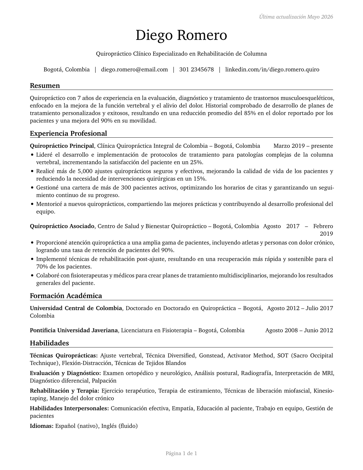 Chiropractors CV in Spanish — page 1