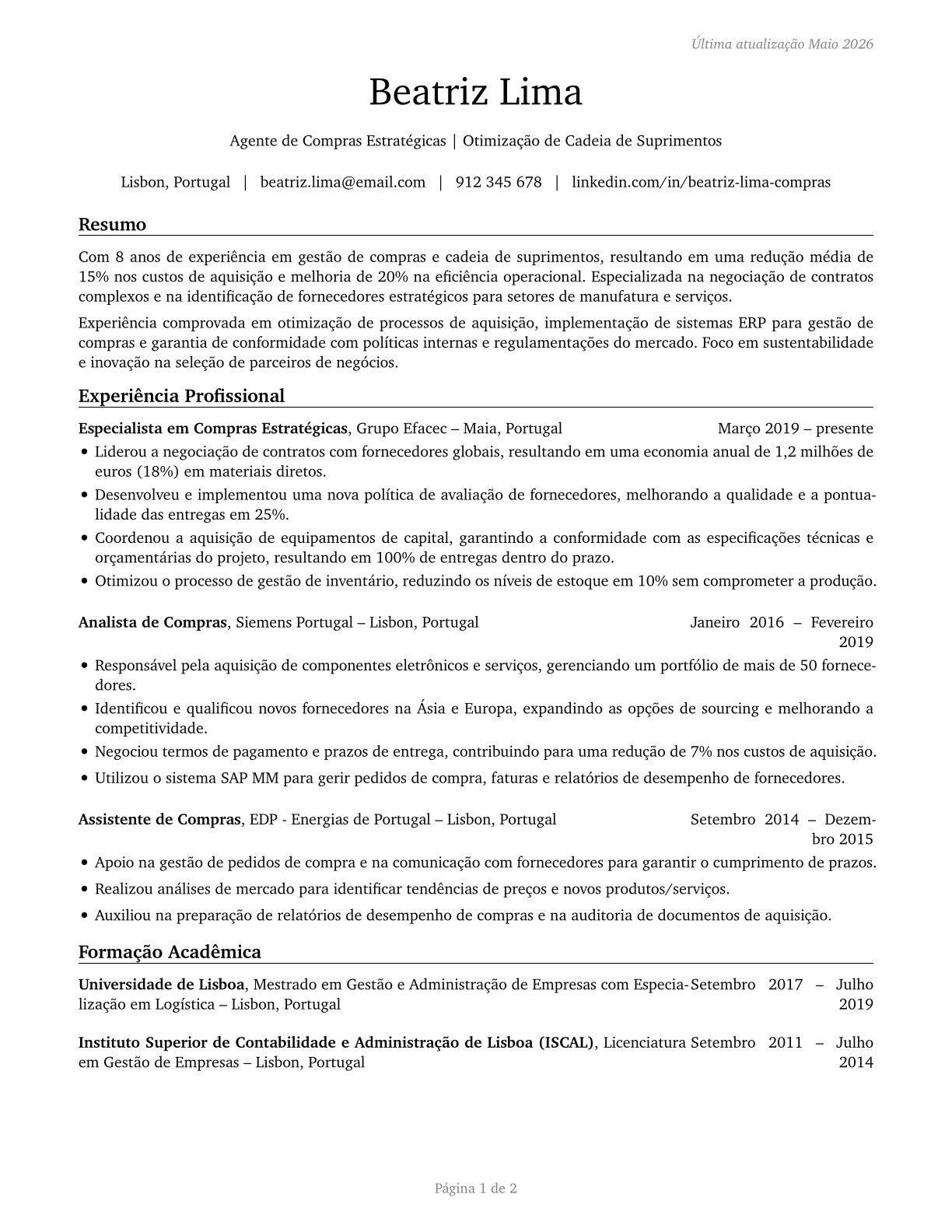 Purchasing Agents, Except Wholesale, Retail, and Farm Products CV in Portuguese — page 1