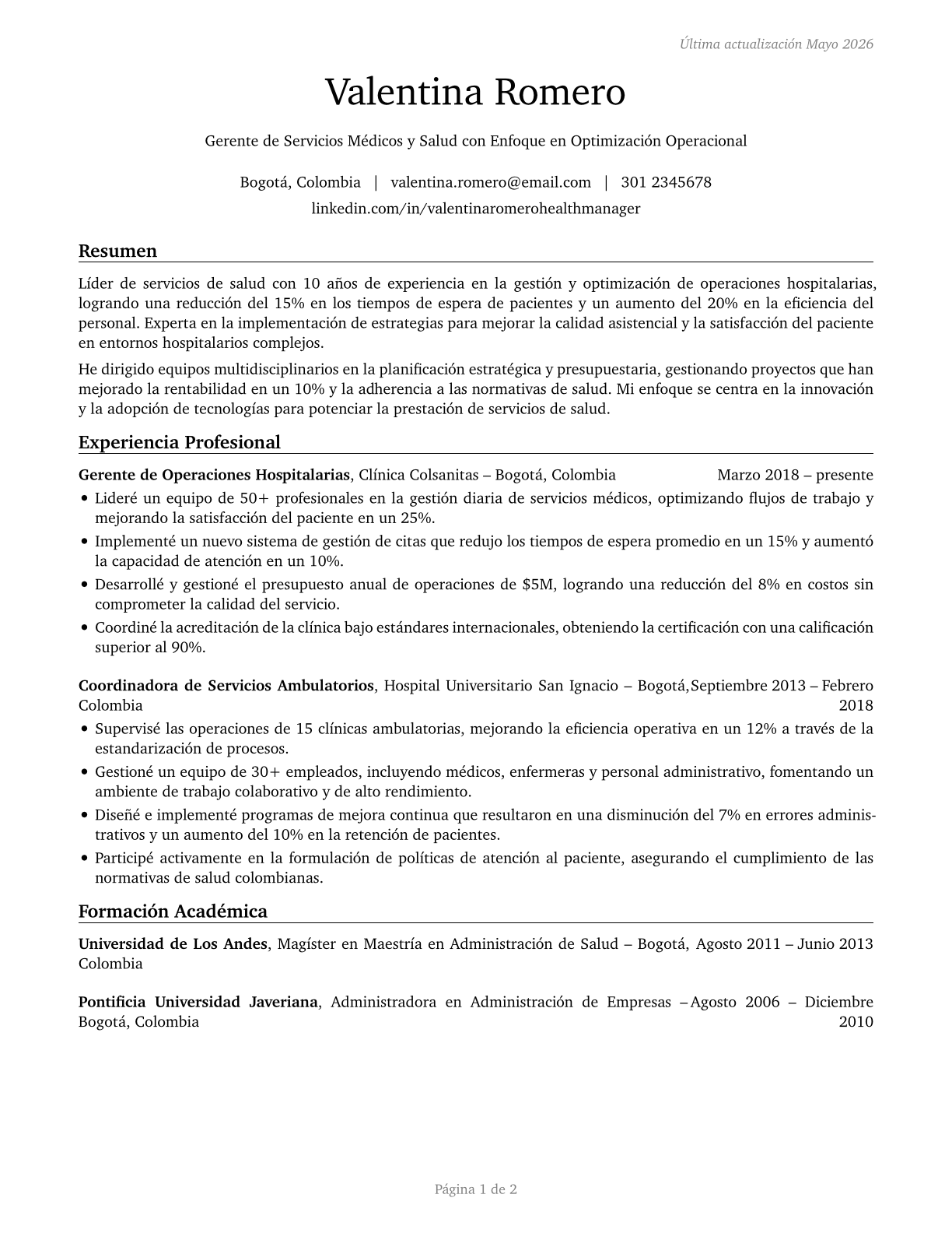 Medical and Health Services Managers CV in Spanish — page 1