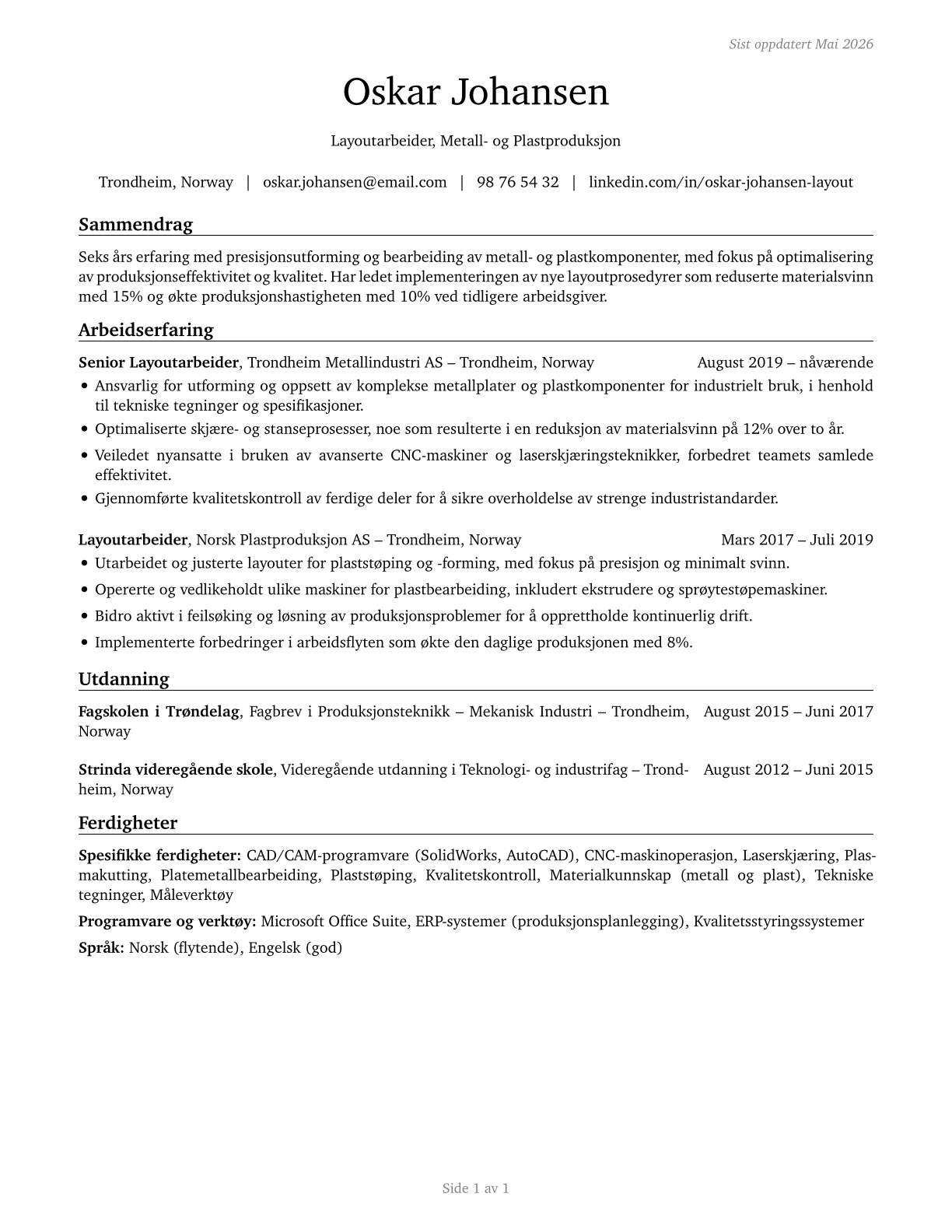 Layout Workers, Metal and Plastic CV in Norwegian_bokmal — page 1