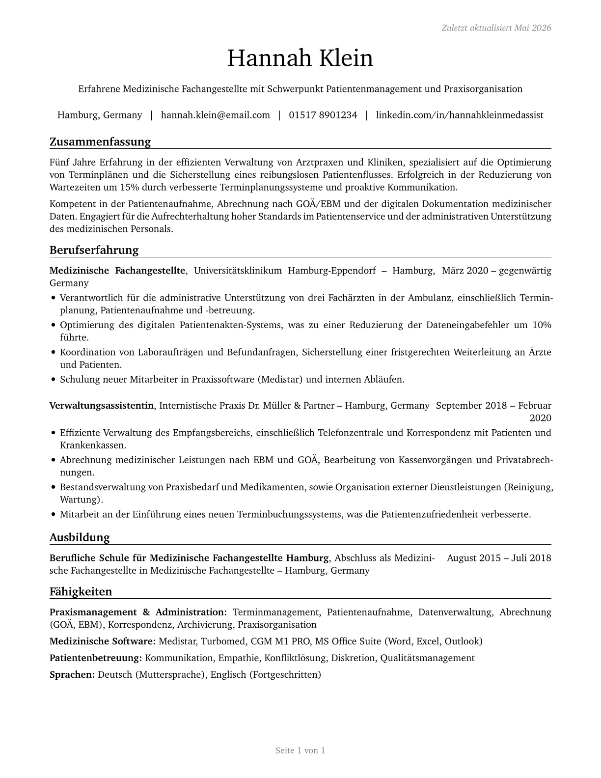 Medical Secretaries and Administrative Assistants CV in German — page 1