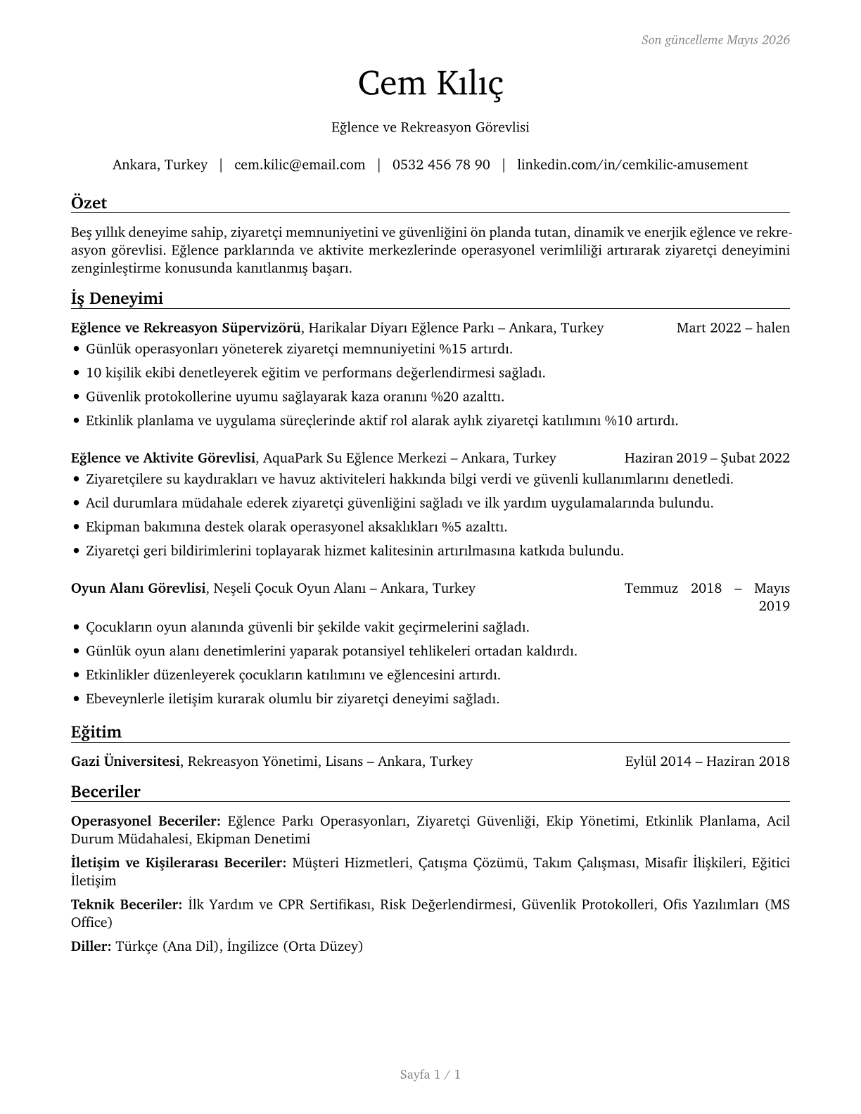 Amusement and Recreation Attendants CV in Turkish — page 1