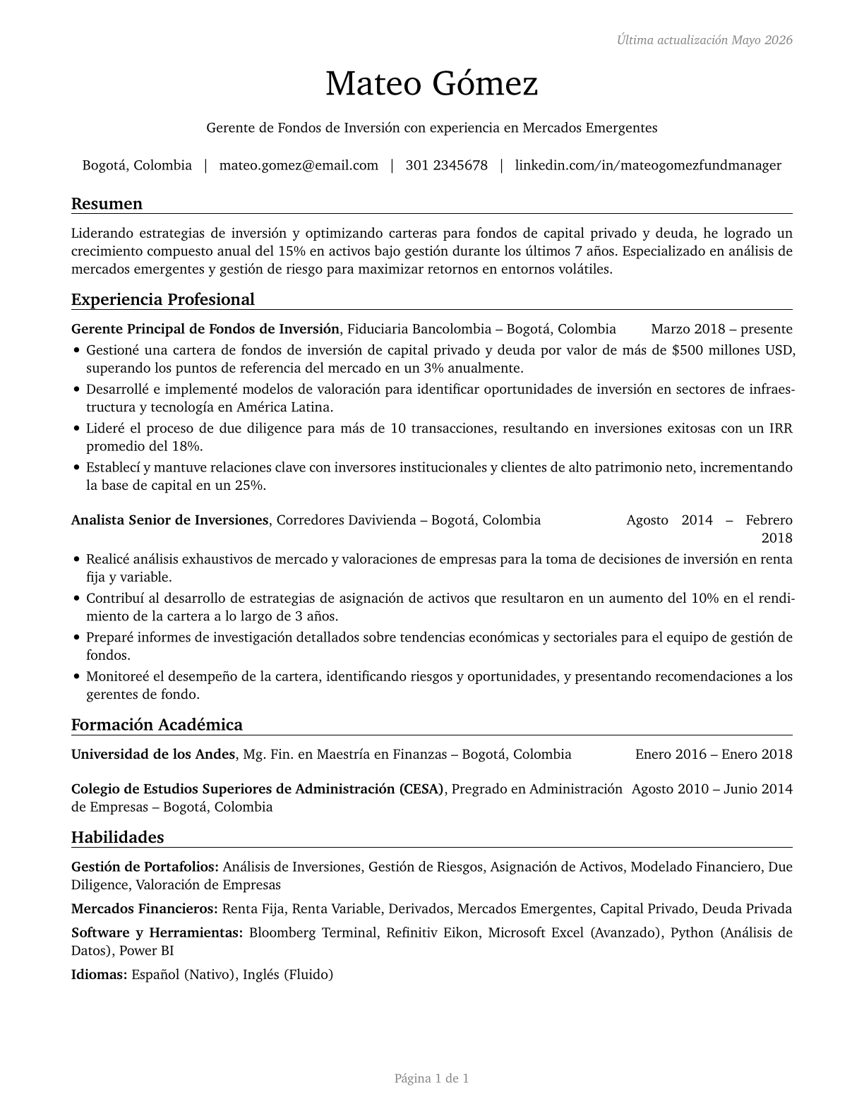 Investment Fund Managers CV in Spanish — page 1