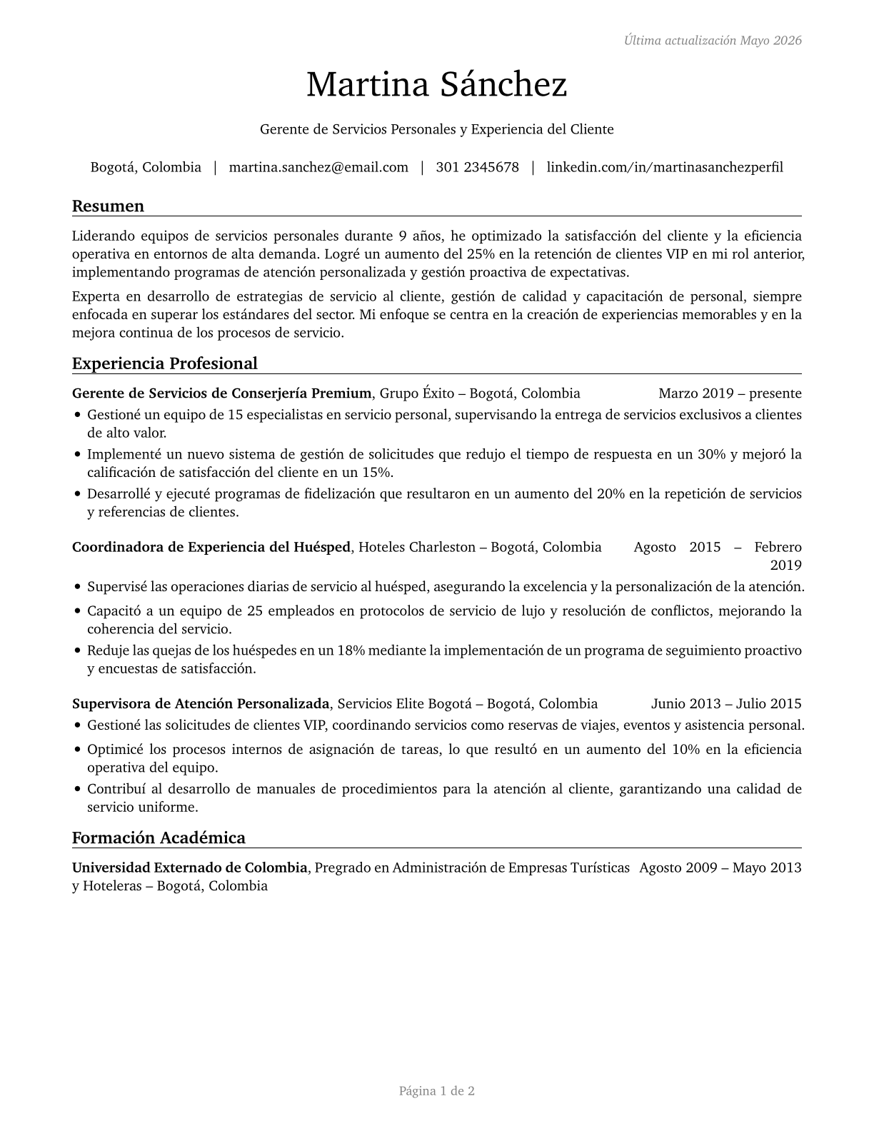 Personal Service Managers, All Other CV in Spanish — page 1