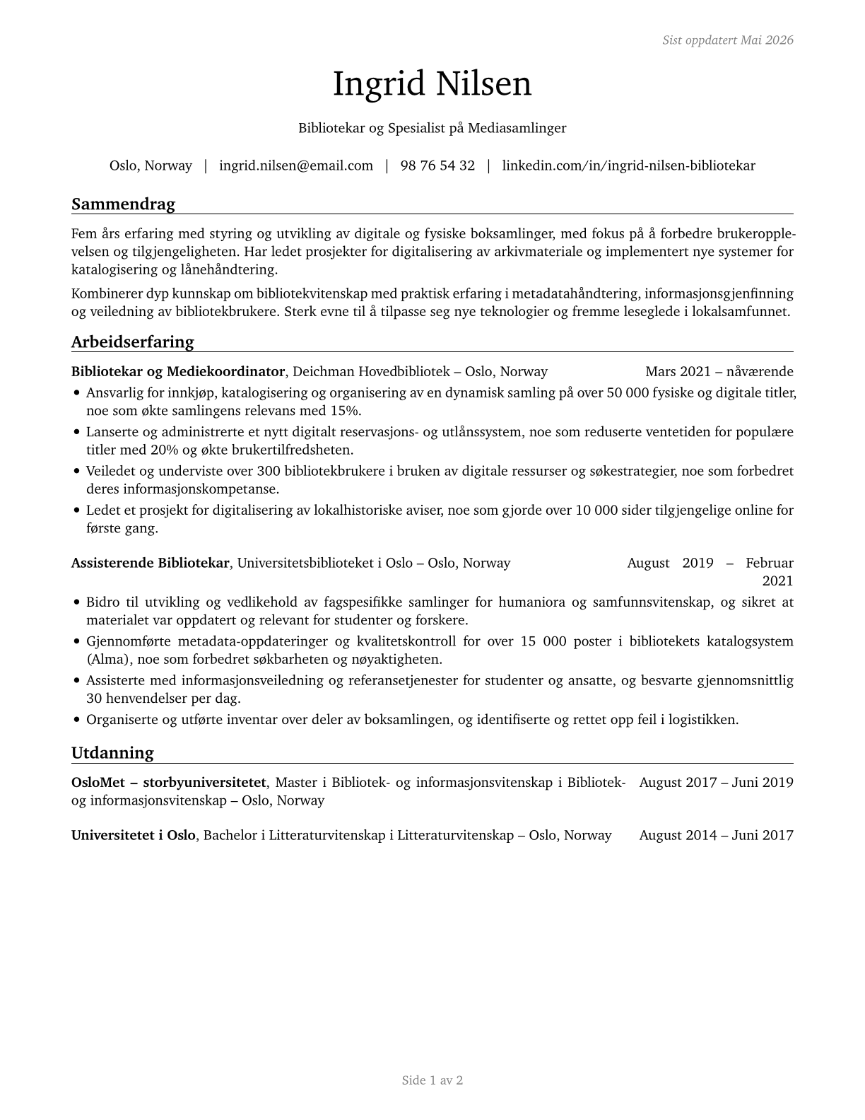 Librarians and Media Collections Specialists CV in Norwegian_bokmal — page 1