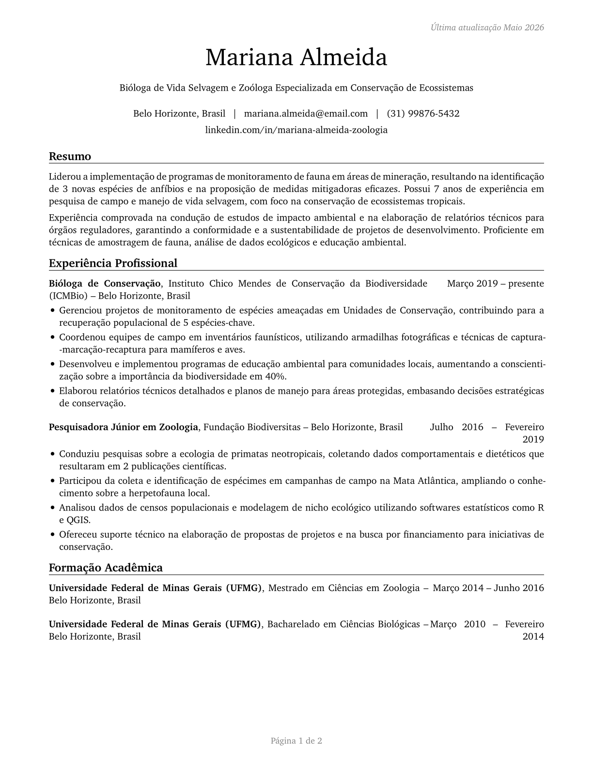 Zoologists and Wildlife Biologists CV in Portuguese — page 1