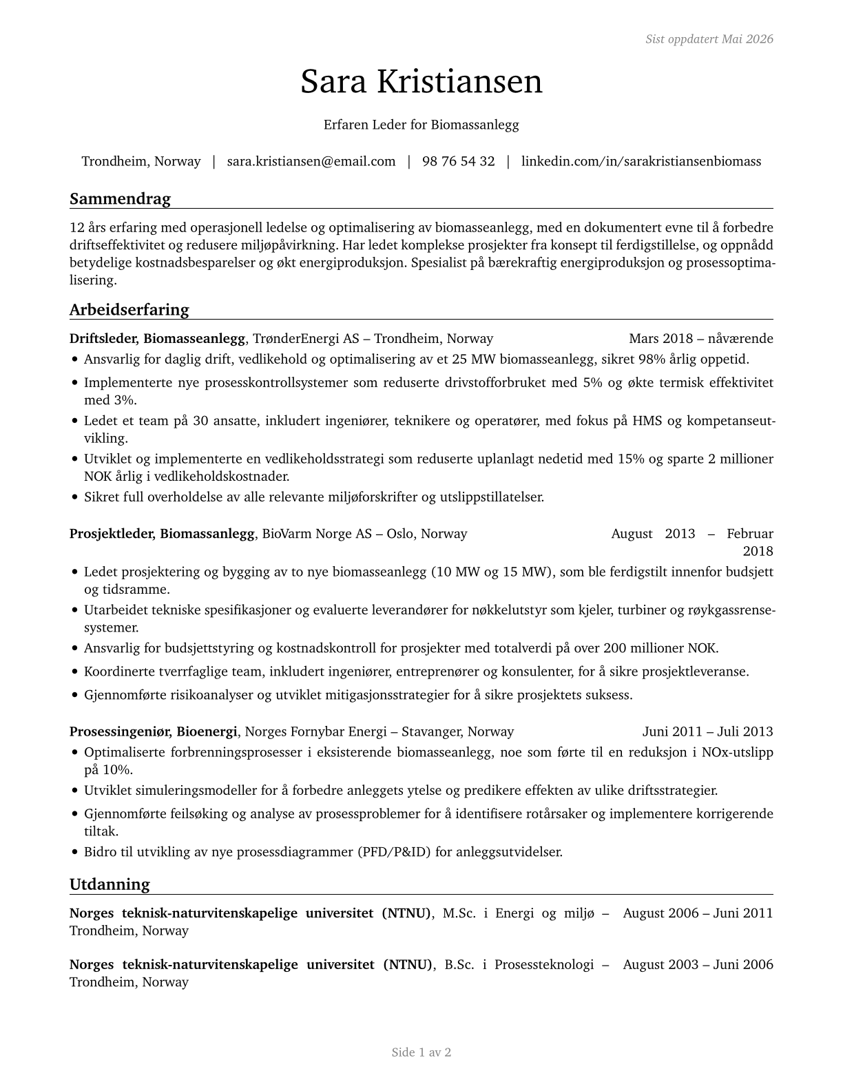 Biomass Power Plant Managers CV in Norwegian_bokmal — page 1
