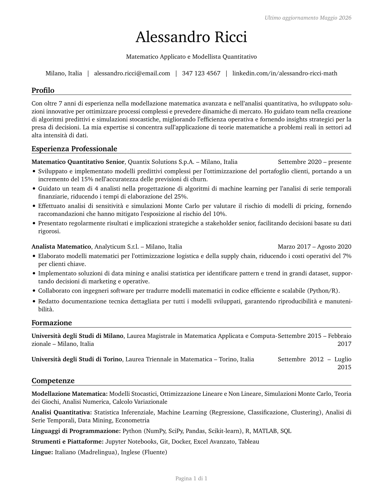 Mathematical Science Occupations, All Other CV in Italian — page 1
