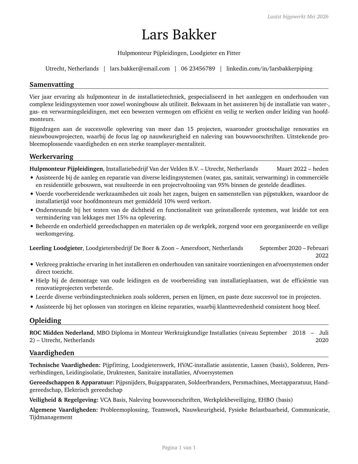 Helpers--Pipelayers, Plumbers, Pipefitters, and Steamfitters CV in Dutch — page 1