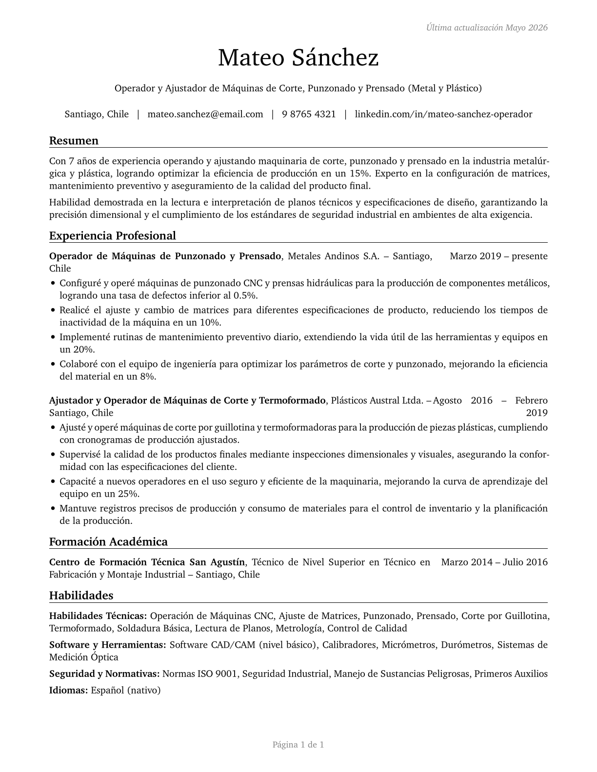 Cutting, Punching, and Press Machine Setters, Operators, and Tenders, Metal and Plastic CV in Spanish — page 1